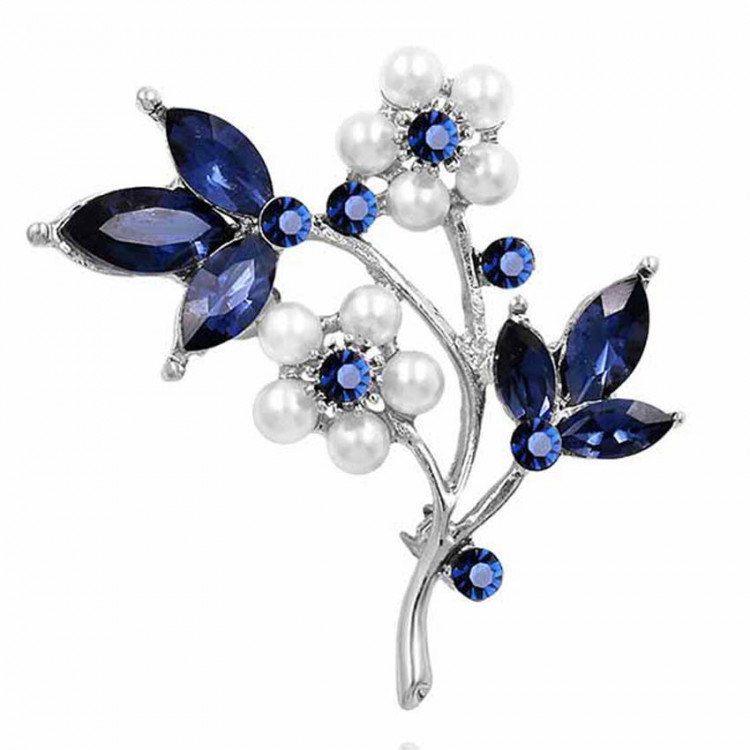 Брошка покриття срібло з кристалами і перлами №82100 
