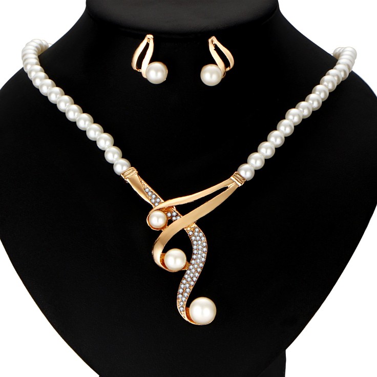 Комплект біжутерії позолочений з кристалами і перлами №16219 