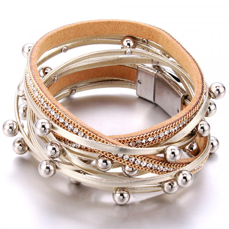 Браслет шкіряний з кристалами і перлами №9721 