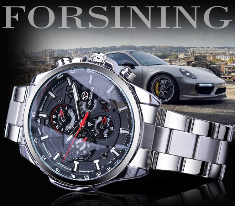 Чоловічий годинник механічний Forsining silver+black - 