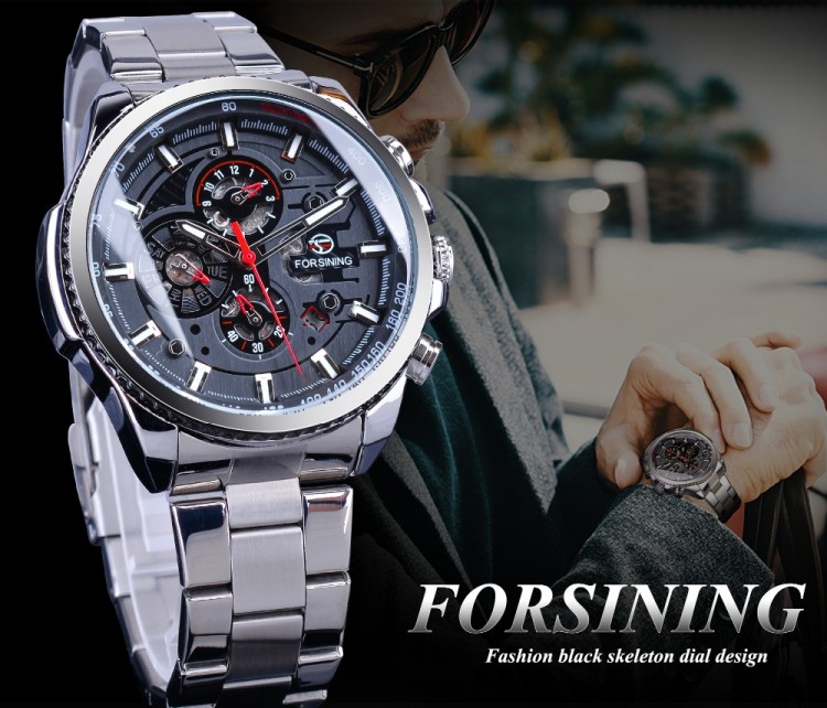 Чоловічий годинник механічний Forsining silver+black - 