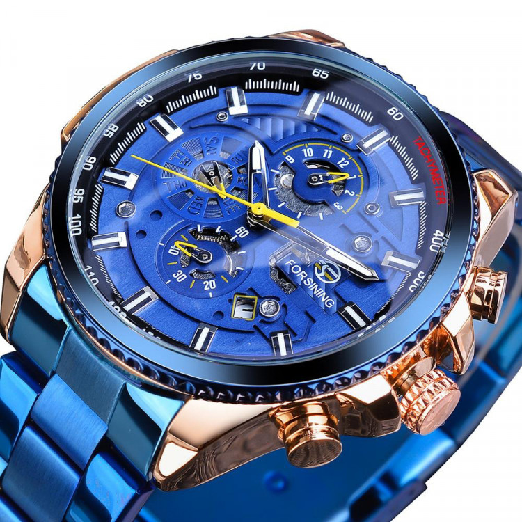 Чоловічий годинник механічний Forsining gold+blue
