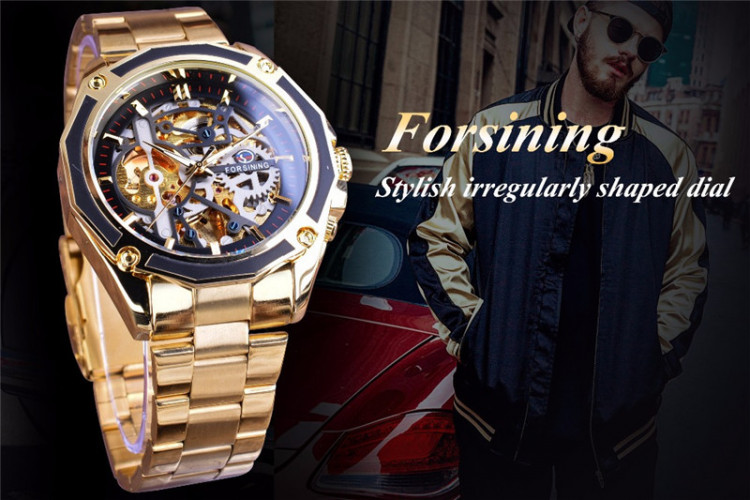 Чоловічий годинник механічний Forsining gold+black  - 