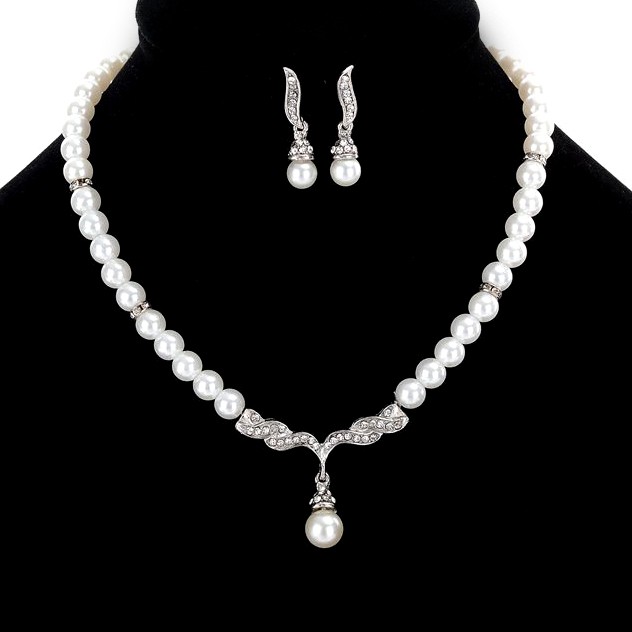 Комплект біжутерії покриття срібло з кристалами і перлами №06046